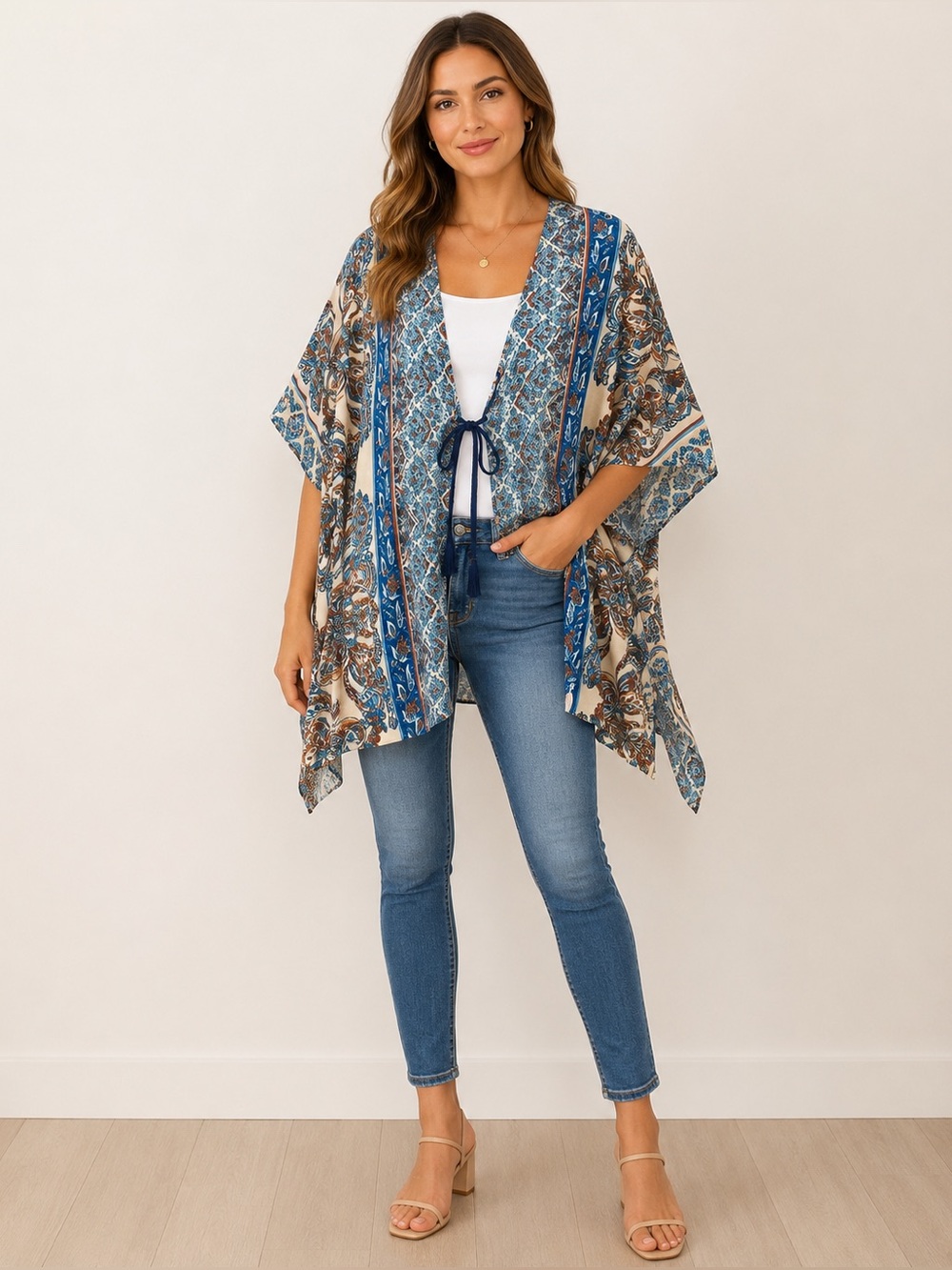 Chico's Blue and Tan Paisley Tie-Front Kimono